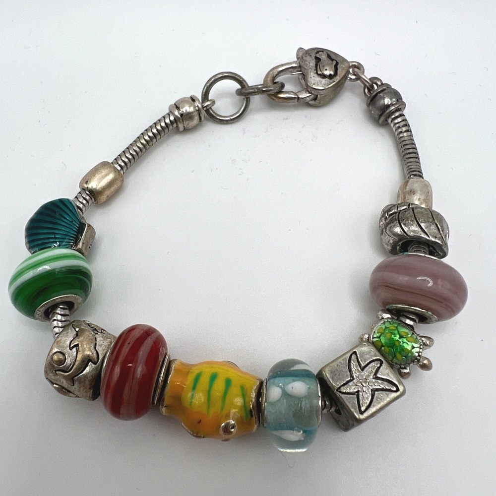 Beach Coastal Charm Bracelet Starfish Fish Shell Boho Y2K Silver Glass 7"